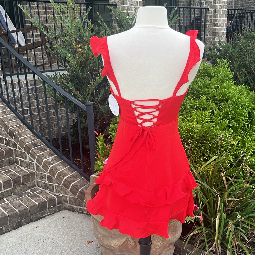 Red Flirty Flutter Sleeve Party Mini Dress New - Picture 7 of 13
